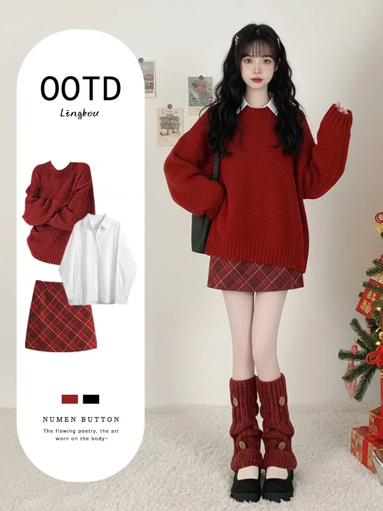 

Large Size Autumn Winter Casual Set Women's Elegant Red Sweater Base Shirt with Super Cute Plaid Skirt Three Piece Set