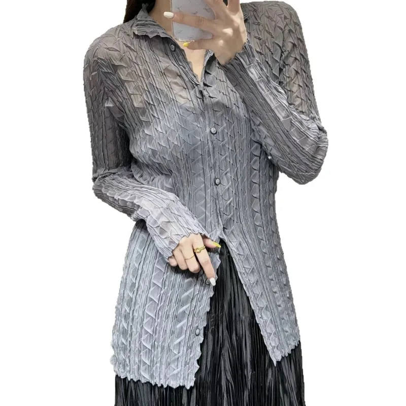 Miyake Pleated Shirt Women 2026 Summer High-end Design Solid Single Row Multi-button Casual Elegant Versatile Women's Clothing