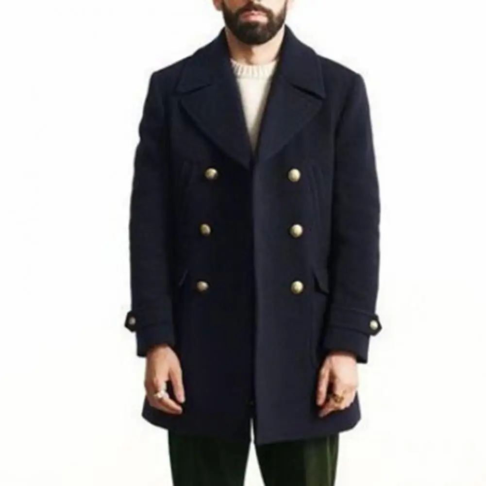 

Men Formal Coat British Style Men's Double-breasted Trench Coat with Notch Collar Thick Long Sleeves Cardigan Pockets