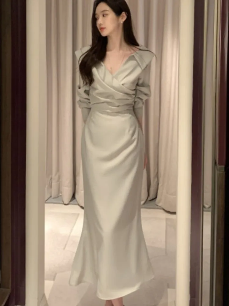 

Женское винтажное платье-русалка, однотонное элегантное офисное платье с V-образным вырезом и пышными рукавами, со складками, на шнуровке, для осени