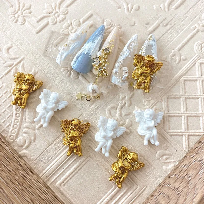 10PCS Golden Cupid Resin Nail Charms Naughty Angel Baby 3D Nail Art Decorations Kawaii Manicure Design Nail Ornament DIY Crafts