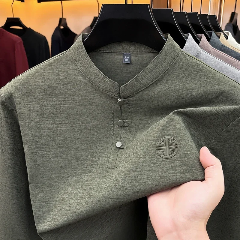 Men Mandarin Collar Long Sleeve Shirt Traditional Frog Button Placket Chest Soft Stretch Slim Fit Daily Business Casual Tops