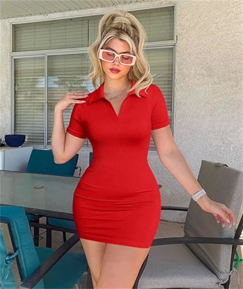 เซ็กซี่ซี่โครงถักมินิเดรสแขนสั้น V คอ CollarSummer ชุด Bodycon Boho ชุดไม่มีรอยต่อ Great ยืด