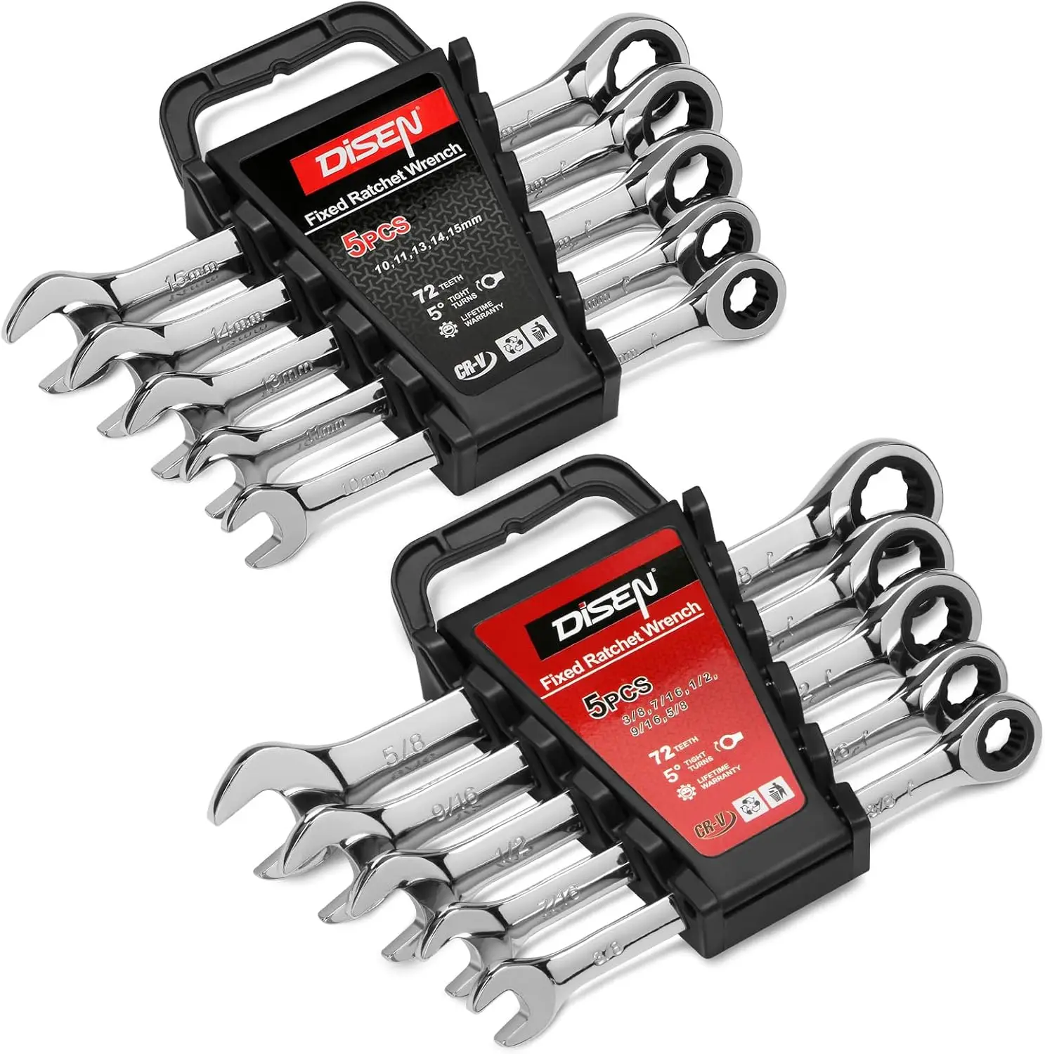 

10Pcs Ratcheting Wrench Set SAE & Metric, 12 Point, 72 Teeth, CR-v Steel, Box & Open End, 10-15mm & 3/8''-5/8''