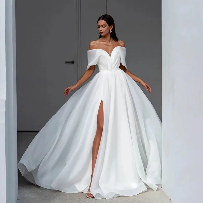 

Hot Sale V-Neck A-Line Wedding Dress High Slit Off The Shoulder Floor Length Formal Bridal Gown Vestido Custom Size