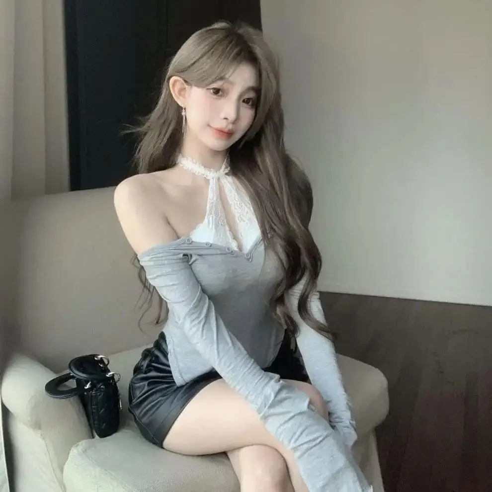 One shoulder gray long sleeve T-shirt women Skinny tops 2024 spring slim hot girl irregular hem pure lust top