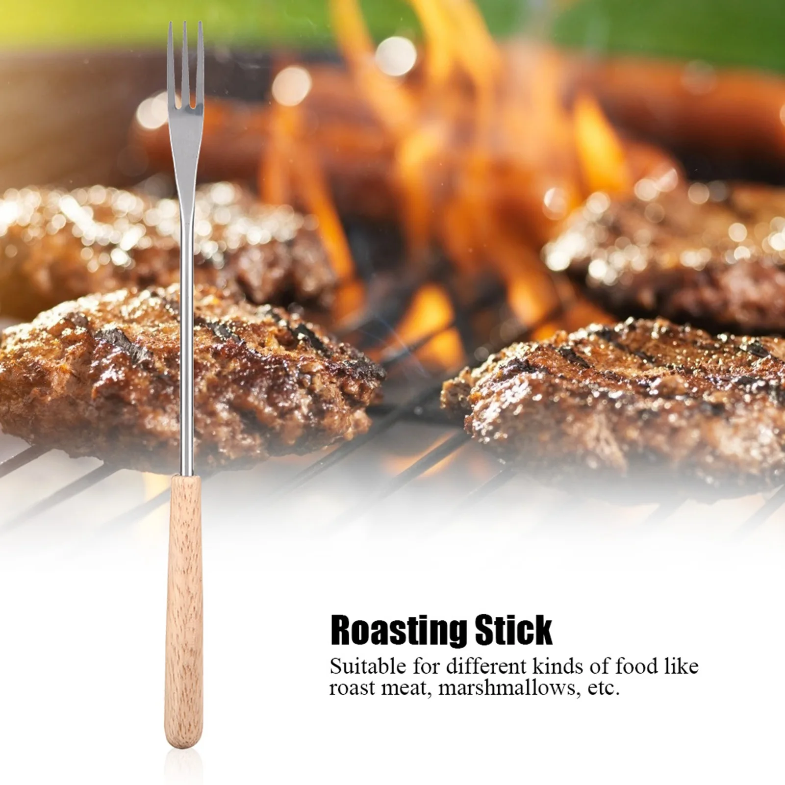 26.5cm Wooden Handle BBQ Fork Roasting Stick Skewer For Camping Picnic