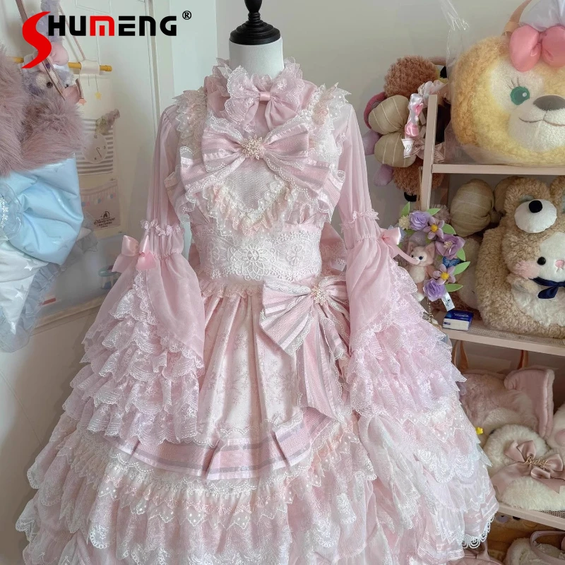 

Original Lolita Pink Shirts Spring and Autumn Girl's Woman's Sweet Cute Bow Lace Ji Sleeve Shirt Princess Lolita Blouse Tops