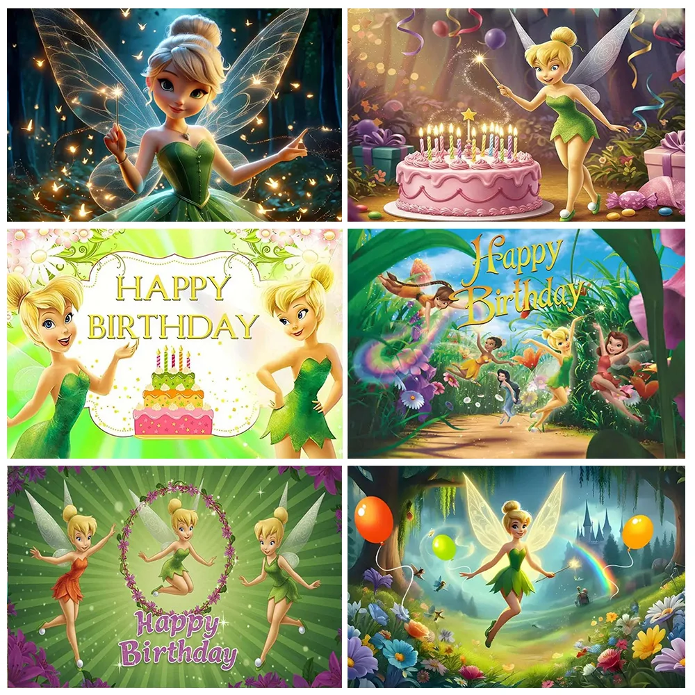 

Tinker Bell Theme Girl Birthday Party Decorations Disney Fairy Background Banner Baby Shower Supplies Green Photography Backdrop