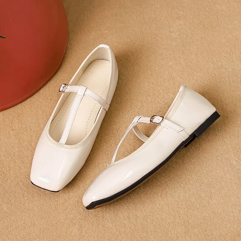 Women Flats Mary Janes Shoes High Quality Leather Soft Casual Outdoor Dress Shoes Square Toe Shallow Buckle Strap Shallow Flats