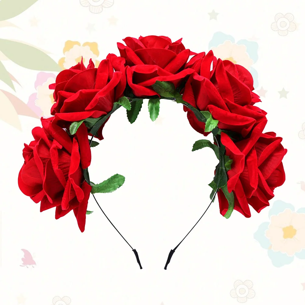 

Rose Floral Veil Flower Crown Womens Hair Bands Red Mexican Headband Hoop Headgear