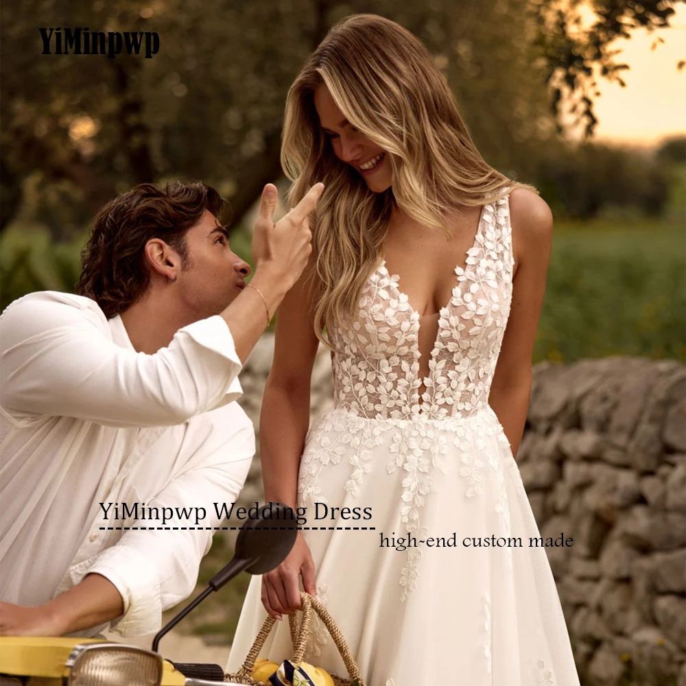 Elegant Wedding Dress Sleeveless V-Neck Applique Lace Bride Gowns Double V-Neck For Women A-Line Boho robe de mariée Customized