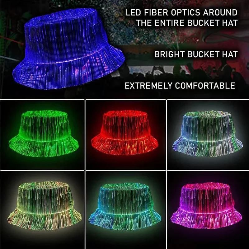 LED ไฟเบอร์ออปติกนีออนหมวกชาวประมงเปลี่ยนสีหมวกชาวประมงไนท์คลับคอนเสิร์ตบาร์ Prop Hip Hop Dance เวทีตกแต่ง