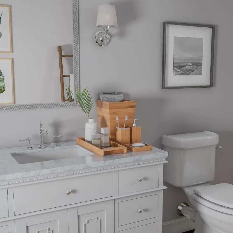 مجموعة ديكور الحمام مكونة من 5 قطع - إكسسوارات زينة من الخيزران مع سلة مهملات، طبق صابون، موزع صابون، حامل فرشاة الأسنان #5