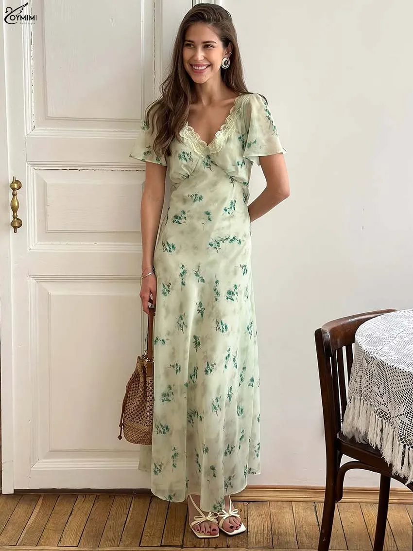 

Oymimi Eleagnt Green Print Dresses For Woman Fashion Lace V-Neck Short Sleeve Dresses Summer High Waisted Ankle-Length Dress