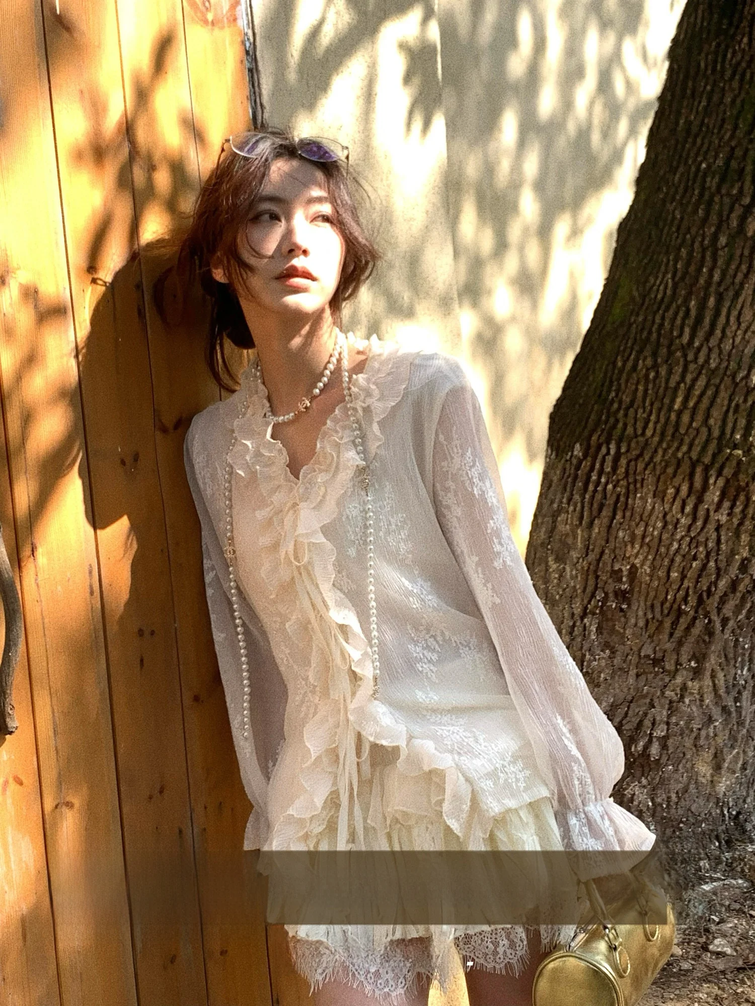 

French Style Loose Fit Shirt Women's V-neck Embroidery Knot Tie Belted Jasmine Flower Opening Loose Sleeve Long Shirt