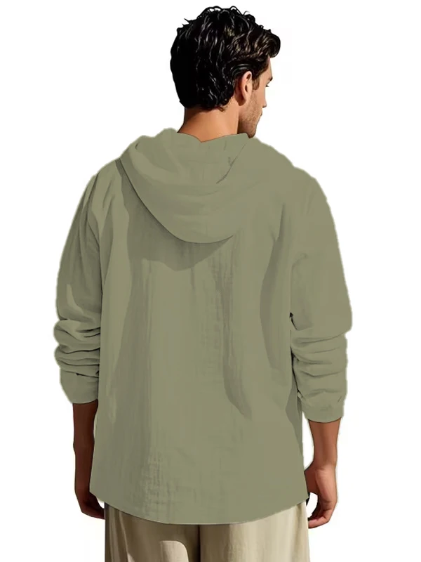 Herren Baumwoll-Leinen Kapuzen-Henley-Shirt Pullover Atmungsaktiv Bequem Neuer Stil Vielseitige Freizeitkleidung – Detail 21