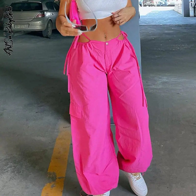 

Hot Pink Pants Cargo Pants Women Wide Leg Trousers Drawstring Hollow Out High Waist Sweatpants Solid Summer Y2k Vintage Clothing