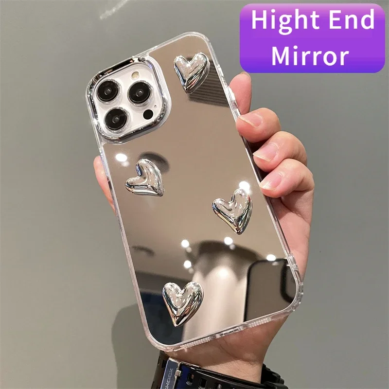 Cartoon Korean Style Cute Heart Soft Silicone Clear Case For IPhone 13 15 Pro Max 14 Plus 11 12 XR Silvery Mirror Protect Cover