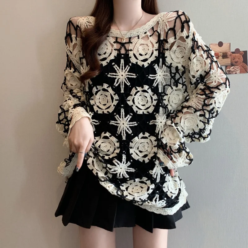 Suéter de malha de crochê com margaridas, manga longa, transparente, malha aberta, pulôver para mulheres, adolescentes, saída boho, roupa de praia