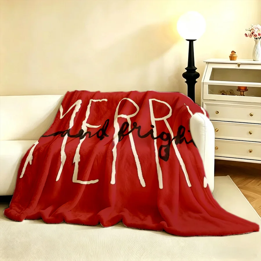 1PC Merry Christmas printed flannel blanket, Red letters 2D single-sided printed holiday sofa bed decorative blanket