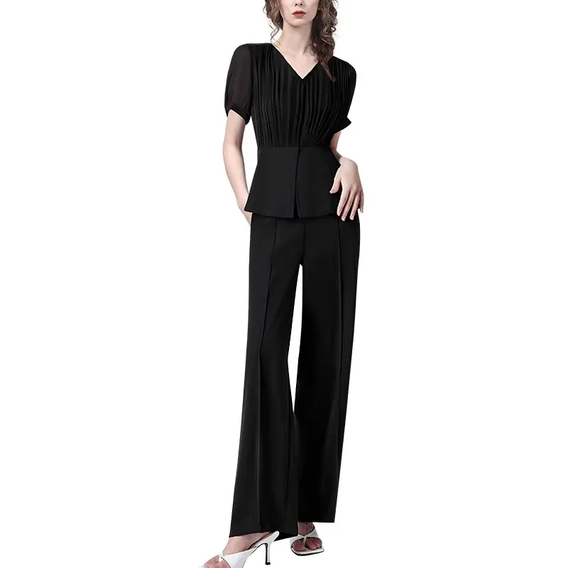 

Black V-neck Waist Top Wide Leg Pants Set Women Draped Slim Two-piece Outfit