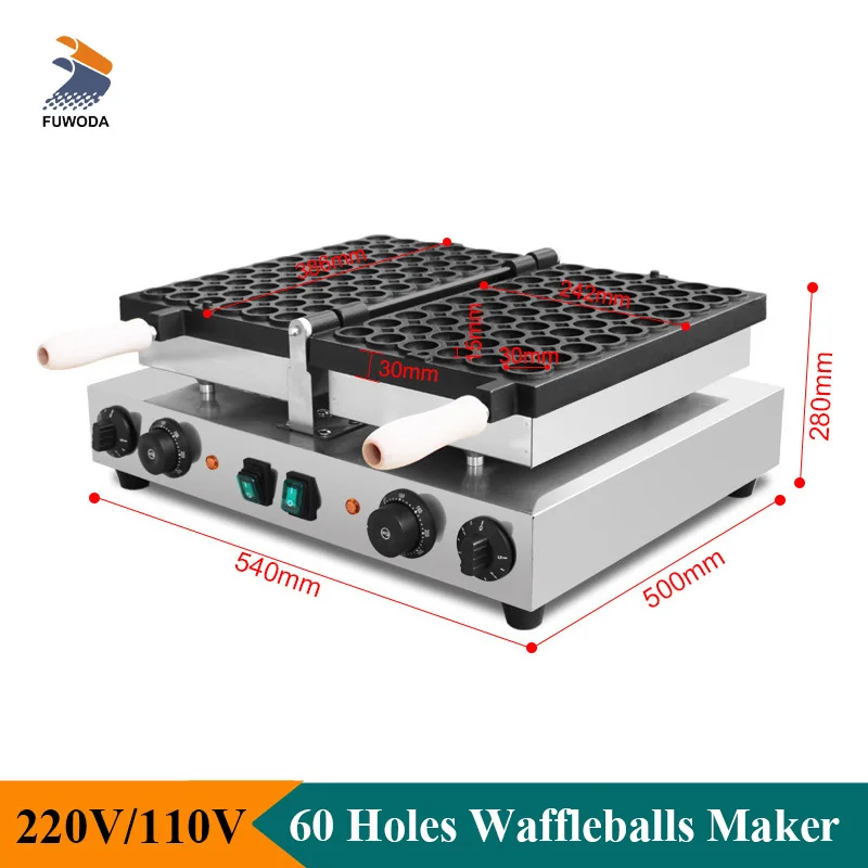 Electric 220V 110V Waffleballs Maker 60 Holes Japanese Baby Castella Sponge Cake Machine Stainless Steel Commercial Use