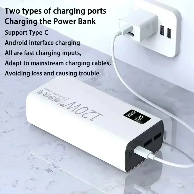Lenovo 120W Large Capacity Power Bank 50000mAh Super Fast Charging Powerbank Portable Battery Charger For iPhone Samsung Huawei