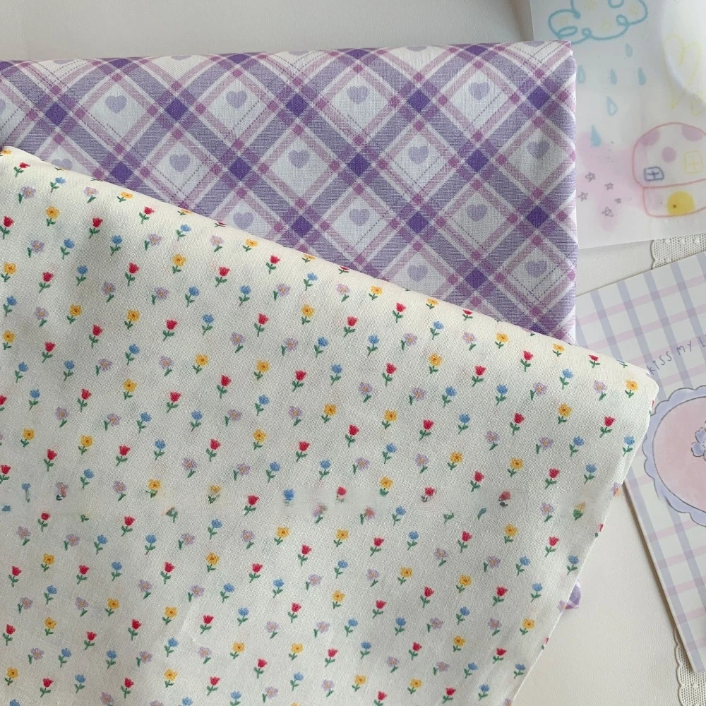 140x50cm Cotton Fabric with Checkered Floral Print for DIY Hair Ties Bandanas Bags Clothes Sewing Cloth