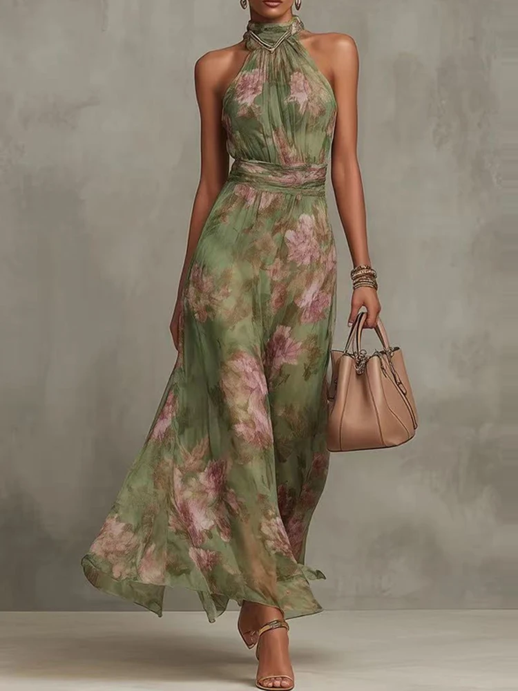 Chiffon-Kleid mit Blumenmuster, schulterfrei, Sommerkleid, ärmellos, Damen-Partykleid, Bohemian-Stil, hohe Taille, plissiert, langes Kleid