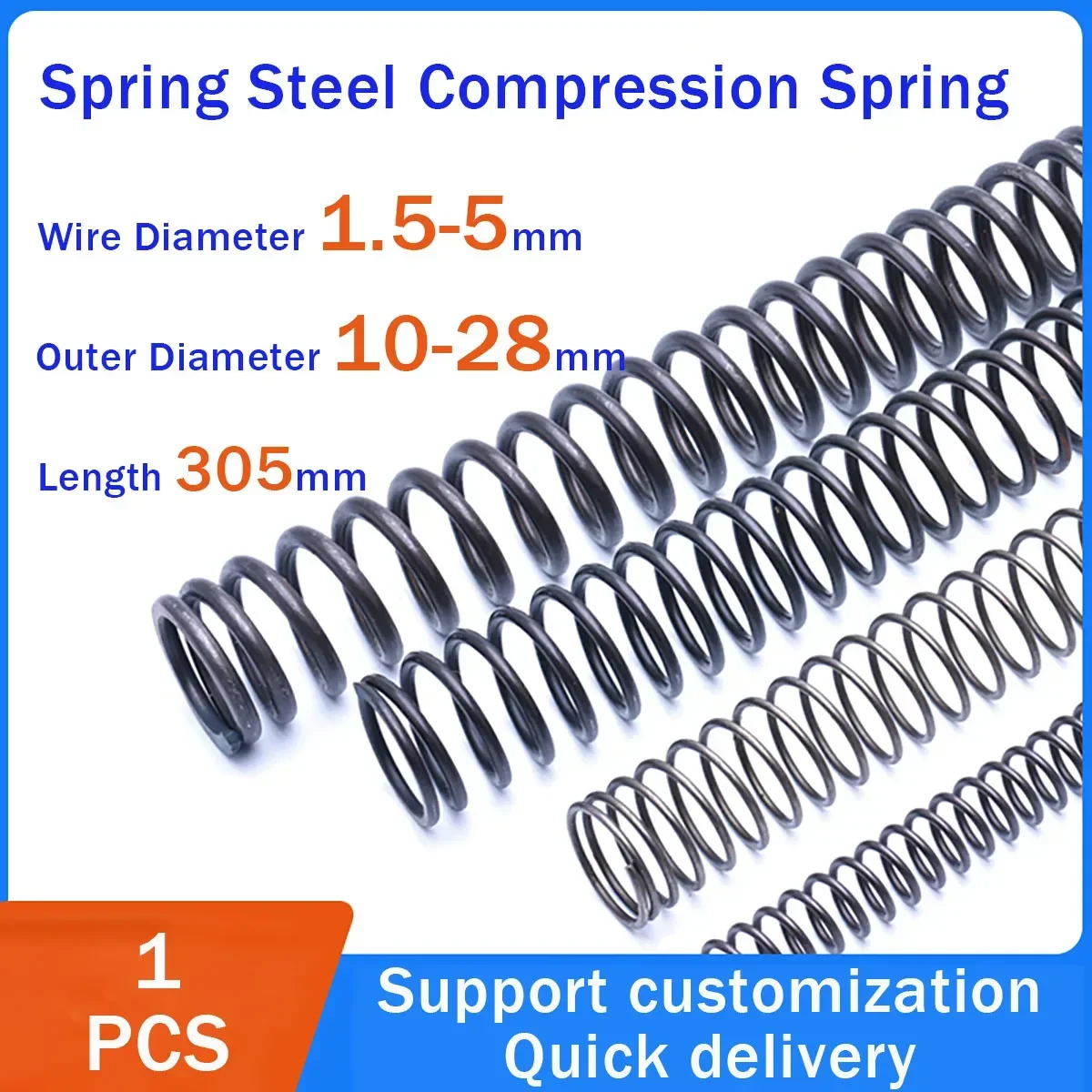 

Spring Steel Compression Spring High Elasticity Wire Diameter 1.5-5mm Outer Diameter 10-28mm Length 305mm Customization