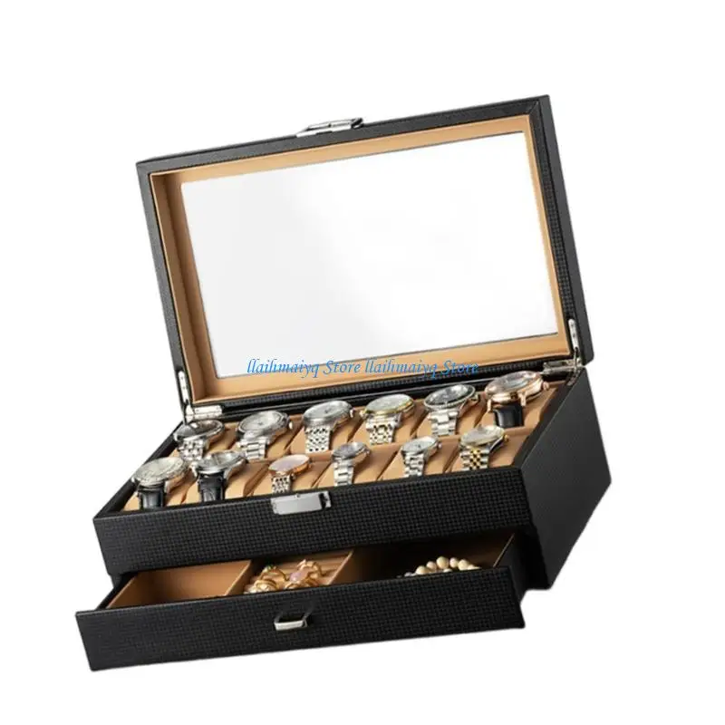 

573B Sophisticated Watch Holder Case with Drawer Elegant 12 Compartments Wrist Watches Display Box Stylish Jewelry