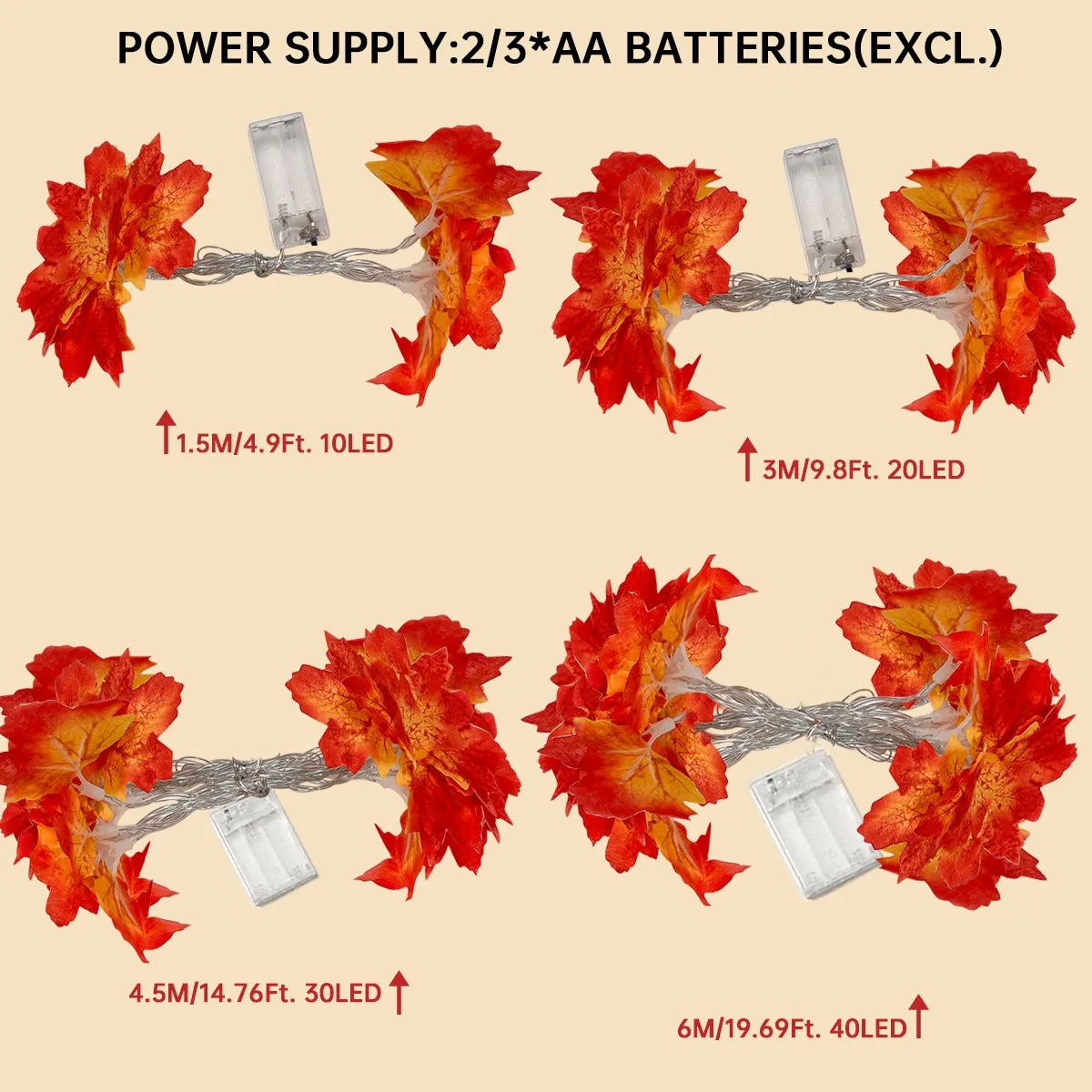 1 قطعة 10/20/30/40 LED مزدوجة الأحمر مابل ليف سلسلة أضواء الخريف الجنية بطارية مصباح بالطاقة للمنزل غرفة نوم داخلي الجدول الديكور #6