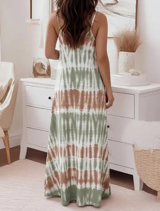 เดรสยาวผู้หญิงลายพิมพ์ไท-ได้ ตัวอักษร New Faith คอทรงยู สายเดี่ยวปรับได้ ทรงหลวม เปิดหลัง สไตล์ลำลอง