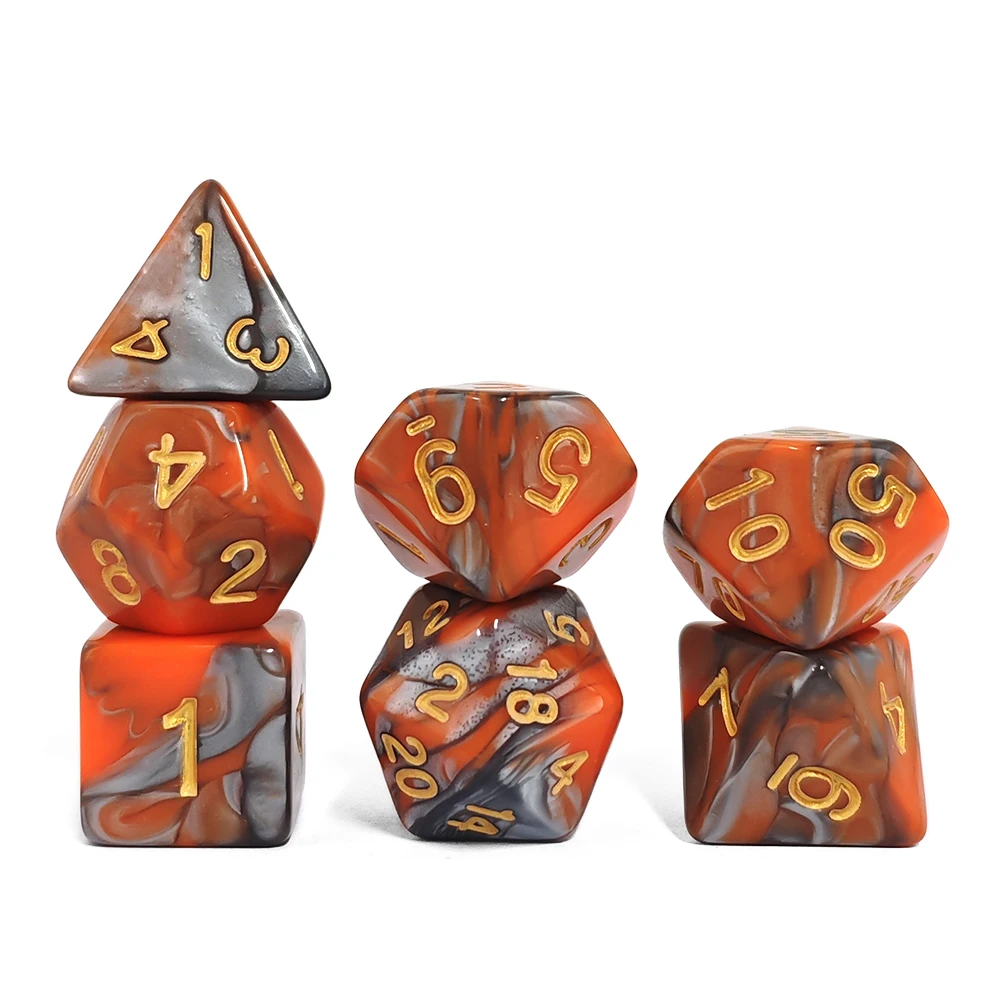Fire & Ash Swirl Dice Set, 7Pcs Orange Gray Marbled DND Dice with Gold Ink for Fantasy TTRPG & Role Playing