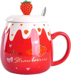 Strawberry Mug with Lid,Ceramic Mugs 450ML,Korean Kawaii Coffee Cups,Cute Breakfast Porcelain Mug for Woman,Student