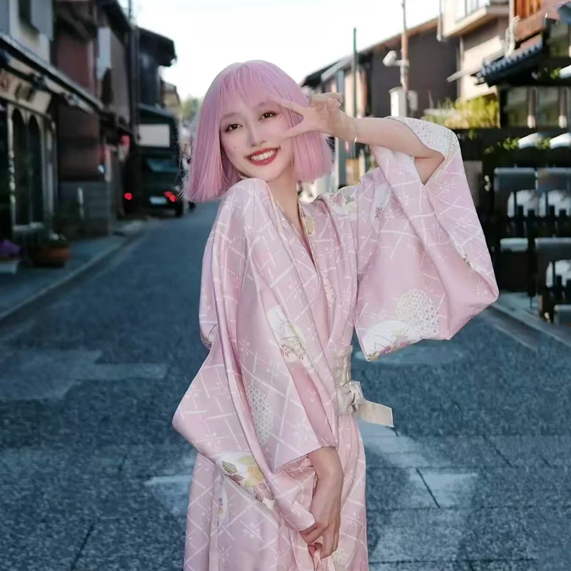 2025 New Design Japanese Kimono Pink Sakura Design Dance Perform Photoshooting Tour Anime Cosplay Halloween Costumes For Women