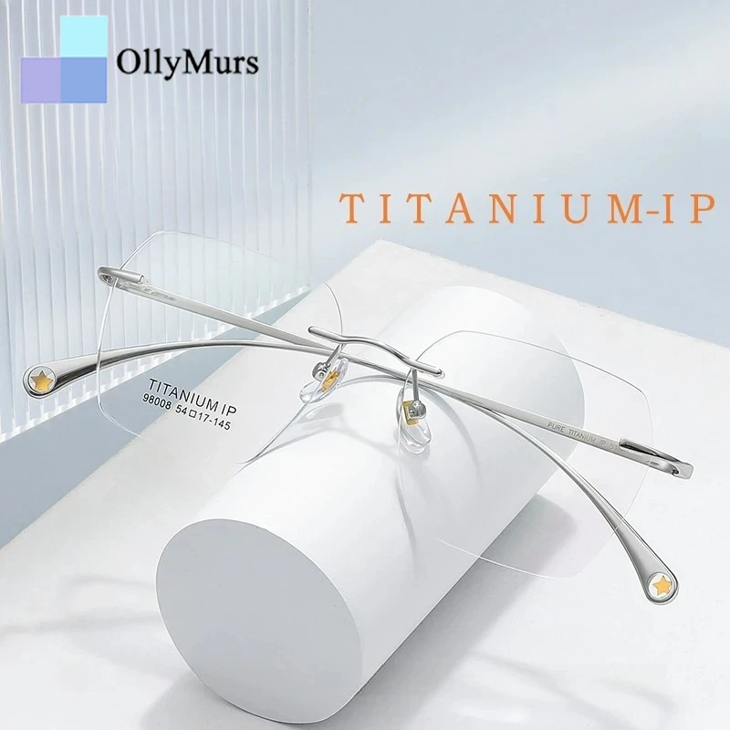 

OLLYMURS Ultra-light Fashion Polygonal Luxury Myopia Eyewear Men Retro Pure Titanium Optical Prescription Rimless Glasses Women