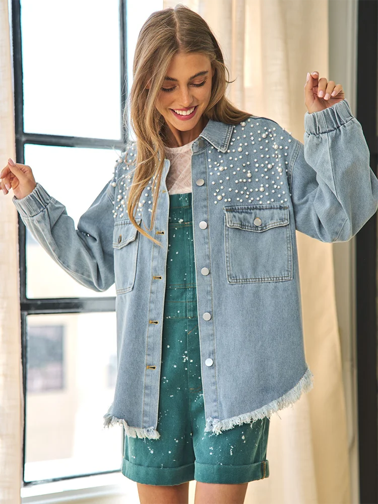 Gypsylady Retro Beading Denim Jacket Autumn Winter Think Vintage Long Sleeve Tassels Blue Women Ladies Biker Jackets Chaqueta