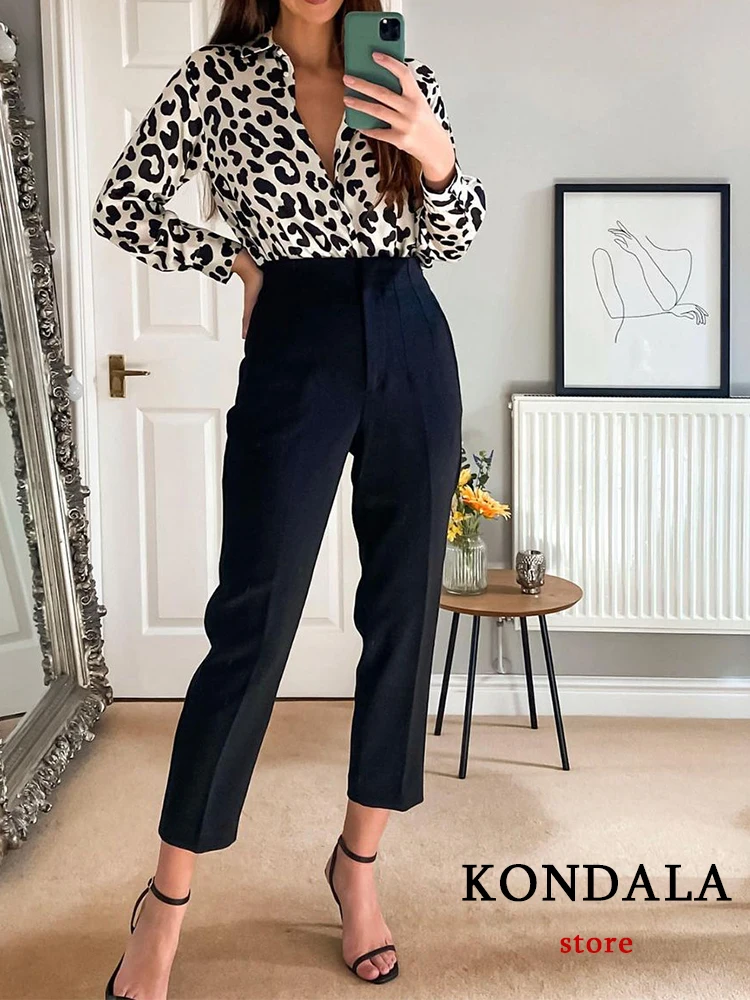 TRAFZA Women Light Blue Chic Fashion Office Wear Straight Pants Vintage High Waist Zipper Fly Female Trousers Fashion 2022