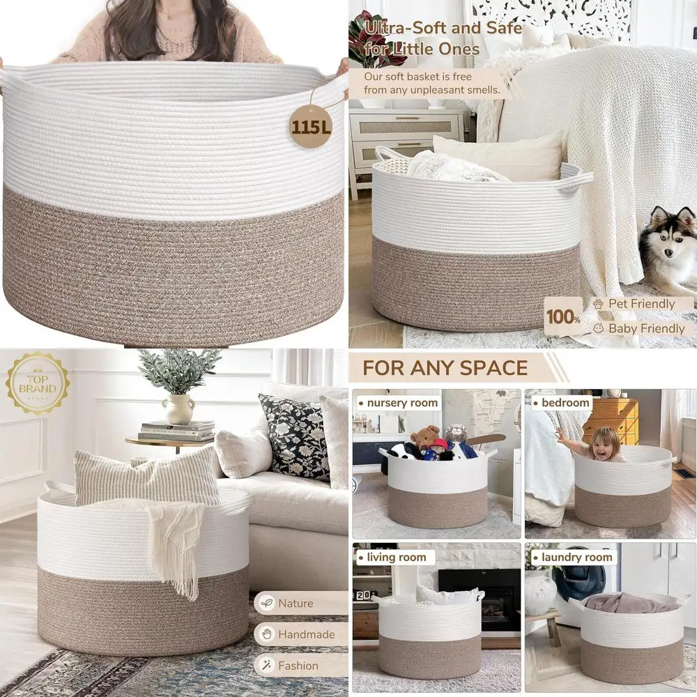 

115L Extra Large Blanket Basket, Soft Cotton Rope Storage Basket for Organizing, Home Decor, Toys, Laundry & Towels, Toy Storage