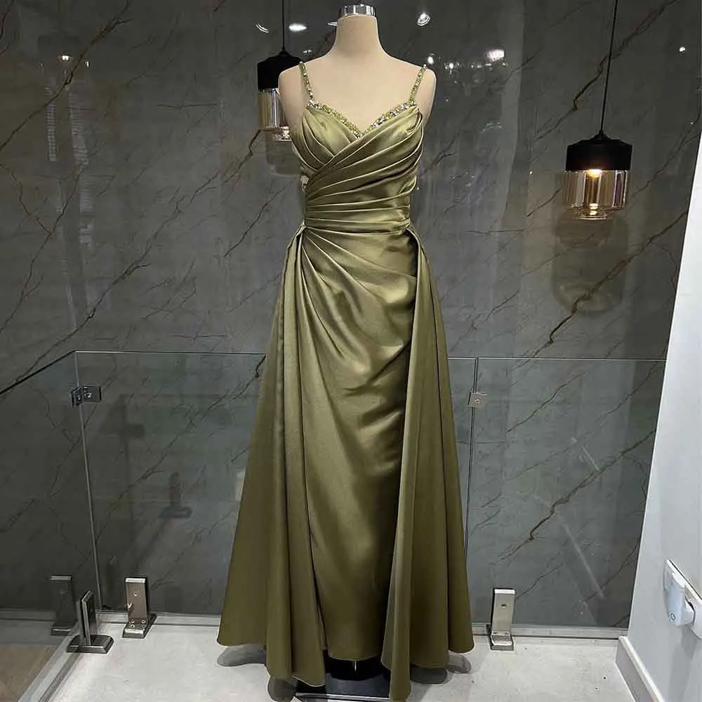 

Elegant Evening Dress Formal Beading Straps Sweetheart Green Satin Prom Long Detachable Train Pleat Women's Party es