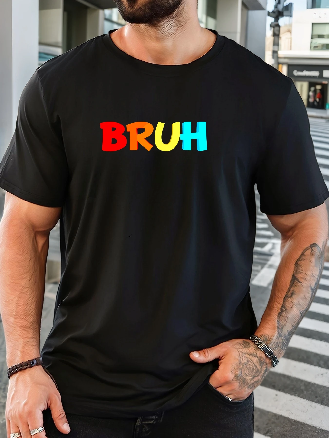 

Men's 100% Cotton Printed T-Shirt BRUH Pattern Summer Casual Oversized Round Neck Short Sleeve Comfortable Daily Wear Tee