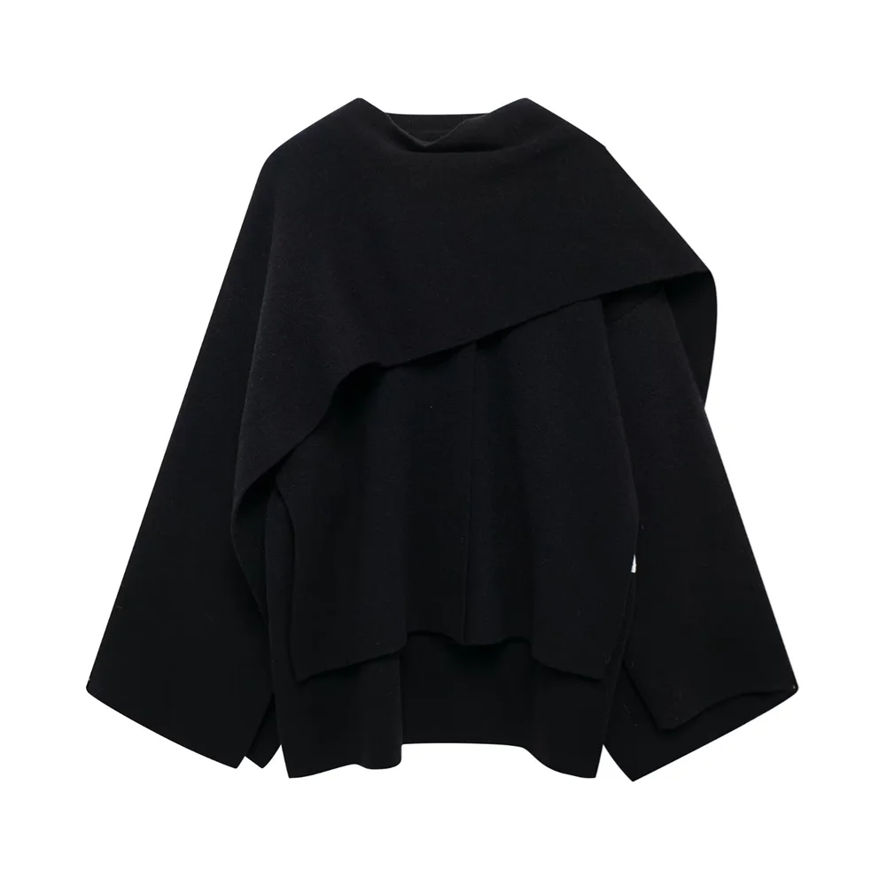 PB&ZA2024 Winter New Women's Clothing Slim Fit Simple Lazy Style Scarf Cape style Round Neck Long Sleeve Short Knitted Coat Coat