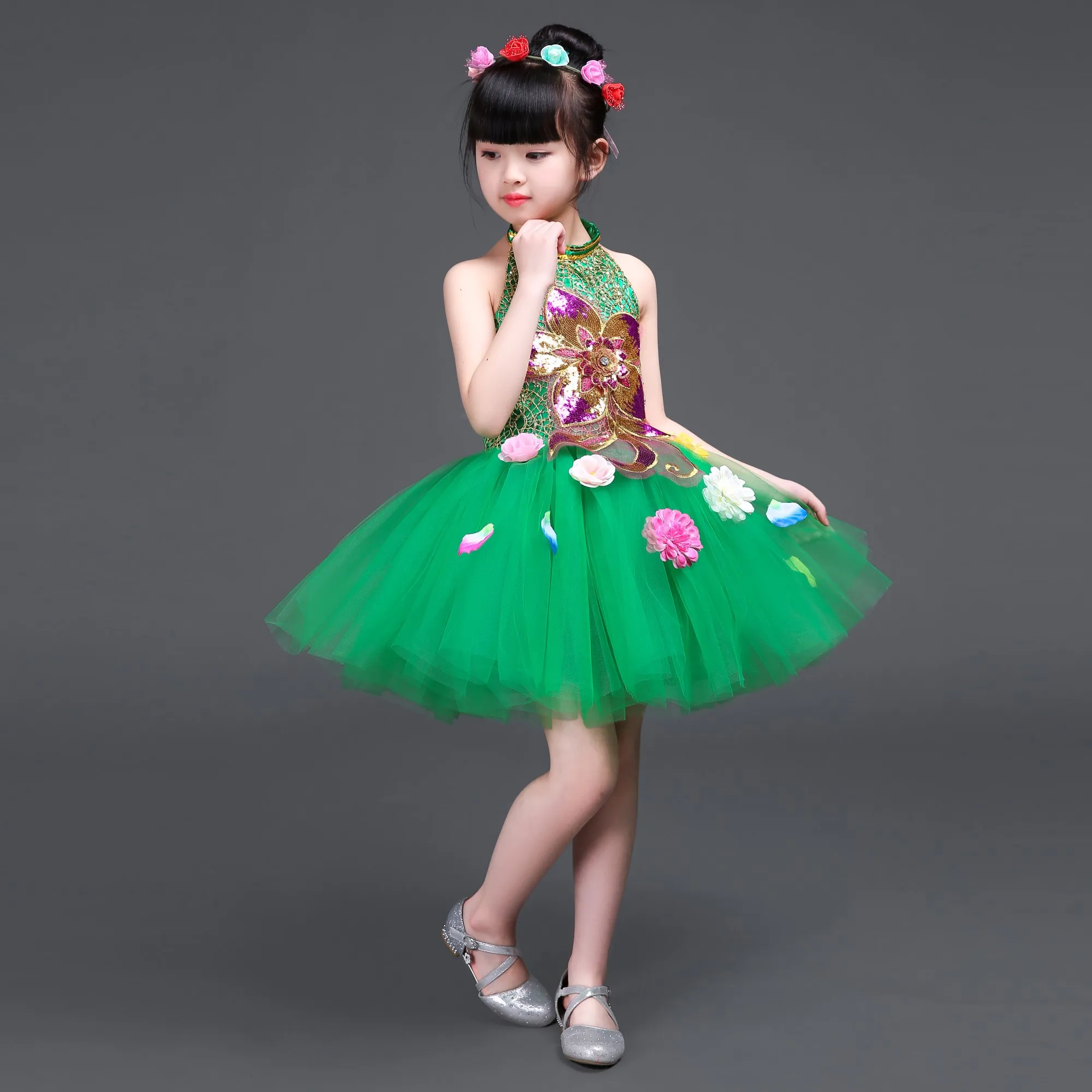 Children Sequin Green Princess Dress Girls Cute Flowers Modern Dance Dress Performance Clothes Kids Jazz Dance Costume