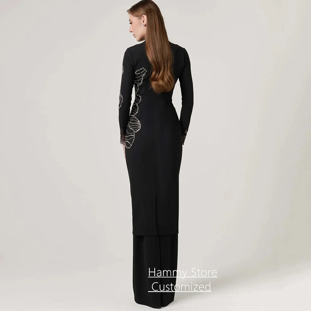 Elegant Evening Dress Customized Small V Neck Long Sleeves Beading Floor Length Saudi Arabian Prom Gown Formal Dresses