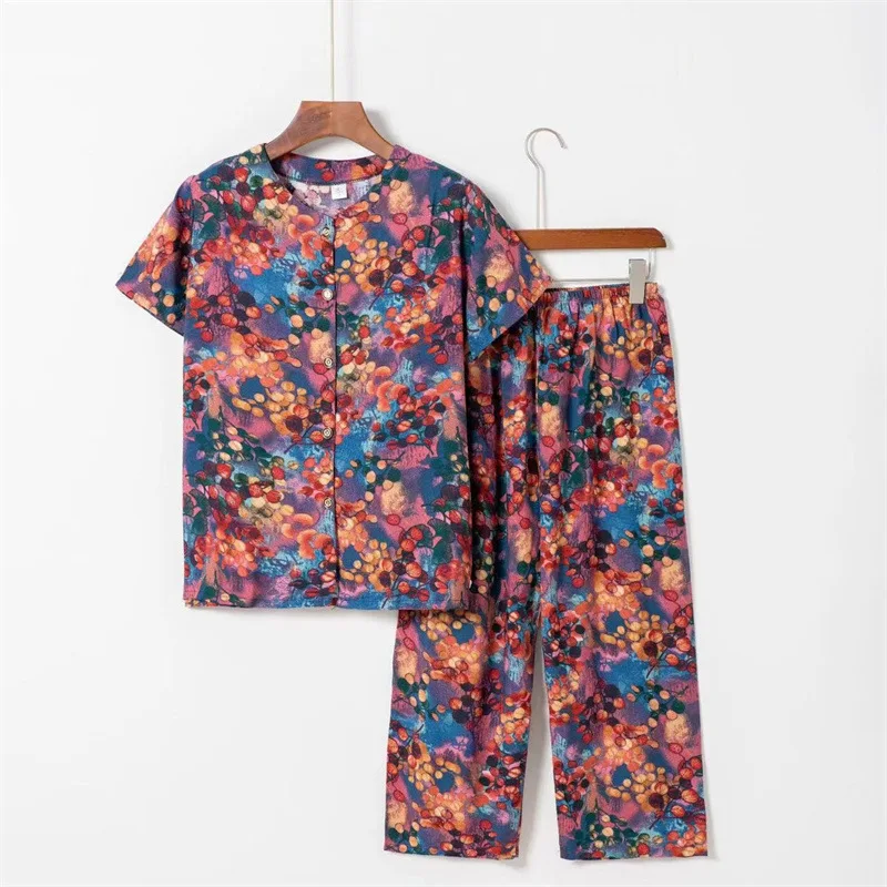 Conjuntos de pijama de manga curta feminino, pijama floral, 4XL, camiseta materna, tamanho grande, mãe, avó, verão