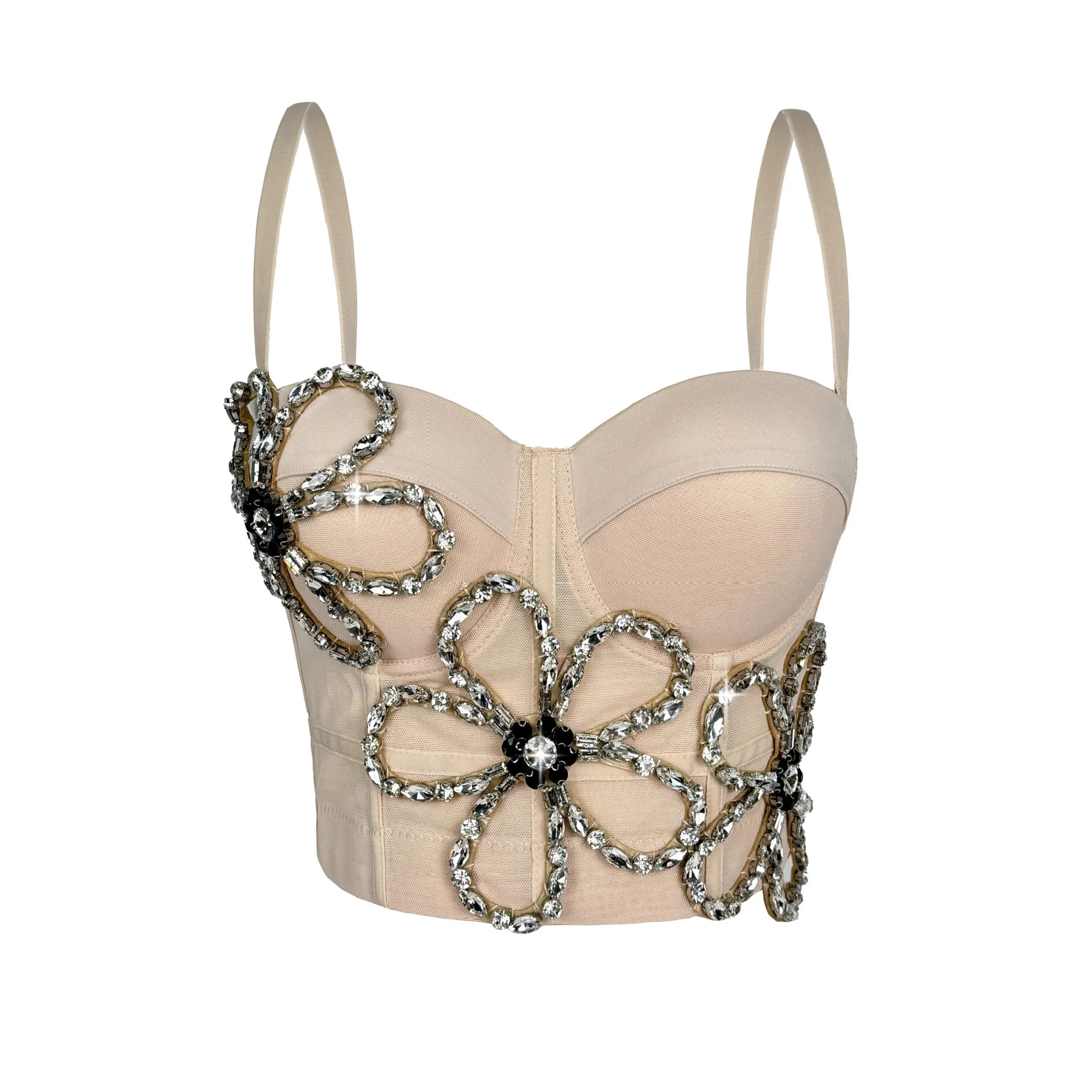 Maßgeschneiderter Damen-BH mit Diamant-Blumen-Fischgrätenmuster, schmal sitzende Leibchenweste, halbtransparentes Mesh-Fischgräten-Top, sexy BH