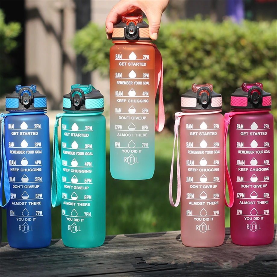 100pcs/Lot 32oz/1000ml Tritan Water Bottle With Straw Lid Sports Mug BPA-Free Travel Flask Cup Time-mark Scale  Frosted