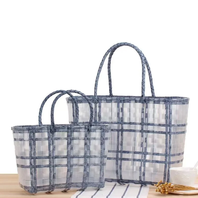 2022 Transparent Plastic Woven Tote Bag Summer Women Handmade Vegetable Basket Shopping Handbag Boho Decor Outdoor Beach Bags